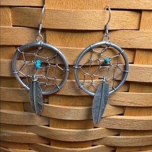 Southwest Silver Dreamcatcher Earrings with Turquoise Bead